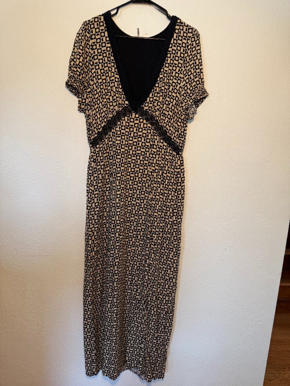 Free People Cream and Black Geometric V‑Neck Maxi Dress